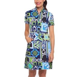 IBKUL Jacklin Mock Neck Short Sleeve Dress Navy Lime XS S